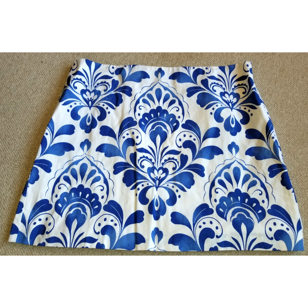 NWT Womens Skirt-ANN TAYLOR-white/blu damask cotton/linen Resort Country Club-18